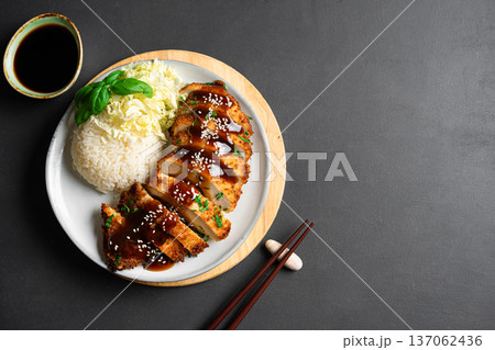 Korean Chicken Katsu with Teriyaki Sauce and Rice 137062436
