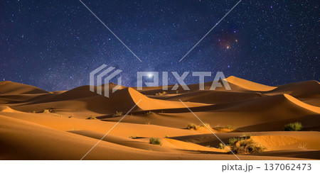night landscape with desert dunes, starry sky and milky way in desert, abstract background. night landscape with desert dunes, starry sky and milky way in desert, abstract background. 137062473
