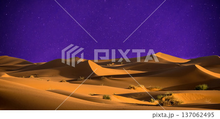 night landscape with desert dunes, starry sky and milky way in desert, abstract background. night landscape with desert dunes, starry sky and milky way in desert, abstract background. 137062495