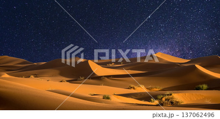 night landscape with desert dunes, starry sky and milky way in desert, abstract background. 137062496