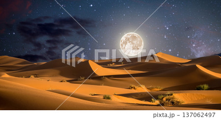 night landscape with desert dunes, starry sky and milky way in desert, abstract background. night landscape with desert dunes, starry sky and milky way in desert, abstract background. 137062497