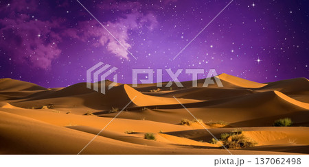 night landscape with desert dunes, starry sky and milky way in desert, abstract background. 137062498