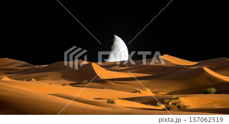 night landscape with desert dunes, starry sky and milky way in desert, abstract background. night landscape with desert dunes, starry sky and milky way in desert, abstract background. 137062519