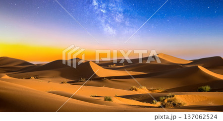 night landscape with desert dunes, starry sky and milky way in desert, abstract background. night landscape with desert dunes, starry sky and milky way in desert, abstract background. 137062524
