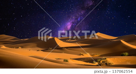 night landscape with desert dunes, starry sky and milky way in desert, abstract background. 137062554