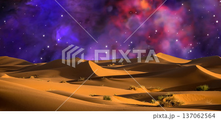 night landscape with desert dunes, starry sky and milky way in desert, abstract background. night landscape with desert dunes, starry sky and milky way in desert, abstract background. 137062564