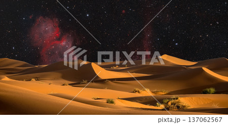 night landscape with desert dunes, starry sky and milky way in desert, abstract background. night landscape with desert dunes, starry sky and milky way in desert, abstract background. 137062567
