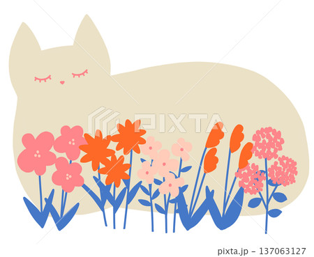 ピンクのお花畑で眠るネコ 137063127