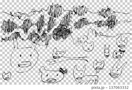 A monochrome hand-drawn illustration of various anthropomorphic animals and electrocardiogram-like zigzag lines drawn with a pen. A monochrome hand-drawn illustration of various anthropomorphic animals and electrocardiogram-like zigzag lines drawn with a pen. 137063332