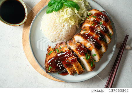 Korean Chicken Katsu with Teriyaki Sauce and Rice Korean Chicken Katsu with Teriyaki Sauce and Rice 137063362