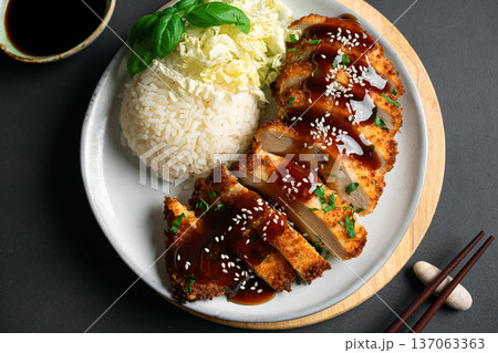 Korean Chicken Katsu with Teriyaki Sauce and Rice Korean Chicken Katsu with Teriyaki Sauce and Rice 137063363