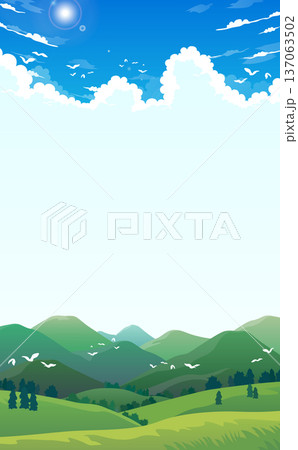 山並みと青空と入道雲のフレーム_縦 137063502