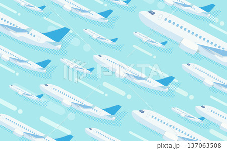 上昇するたくさんの飛行機のポップな青色背景_横 137063508