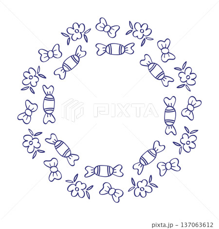 Candy wreath with sweet dessert circle frame and sugar treat border for birthday party, holiday celebration and confectionery shop design Candy wreath with sweet dessert circle frame and sugar treat border for birthday party, holiday celebration and confectionery shop design 137063612