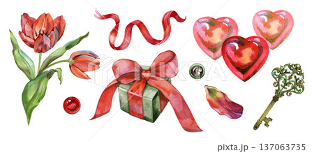 Romantic watercolor collection featuring heart-shaped balloons, a gift box with a red silk ribbon, and a lush tulip bouquet. This hand-painted set is perfect for Valentine's Day and anniversary Romantic watercolor collection featuring heart-shaped balloons, a gift box with a red silk ribbon, and a lush tulip bouquet. This hand-painted set is perfect for Valentine's Day and anniversary 137063735