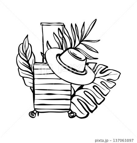 Summer travel vector illustration with suitcase, hat and tropical leaves in bold line art style. Perfect for tourism branding, vacation advertising, travel posters, packaging and holiday design 137063897