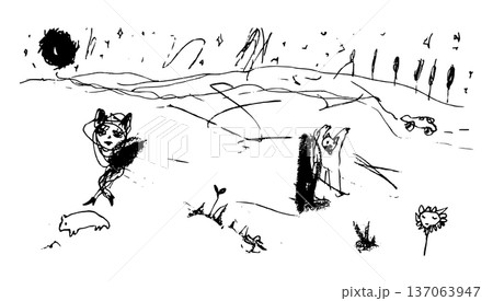 月夜の風景に女性や熊、車や花、木々をペンで描いたモノクロ手描きイラスト素材 137063947