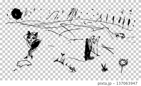 月夜の風景に女性や熊、車や花、木々をペンで描いたモノクロ手描きイラスト素材 137063947