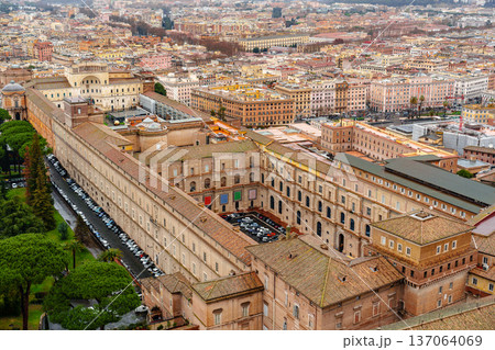 View of Vatican City and Rome from a high spot showing buildings and streets below View of Vatican City and Rome from a high spot showing buildings and streets below 137064069