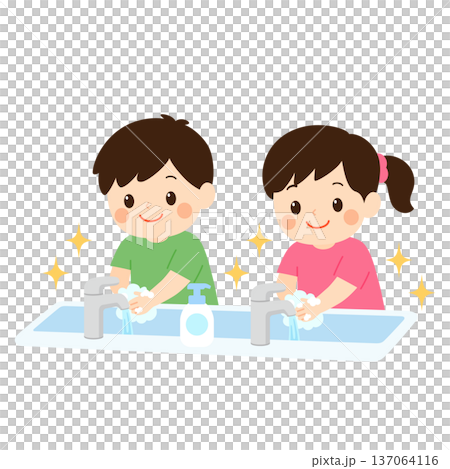しっかり泡立てて手洗いをする男の子と女の子 しっかり泡立てて手洗いをする男の子と女の子 137064116