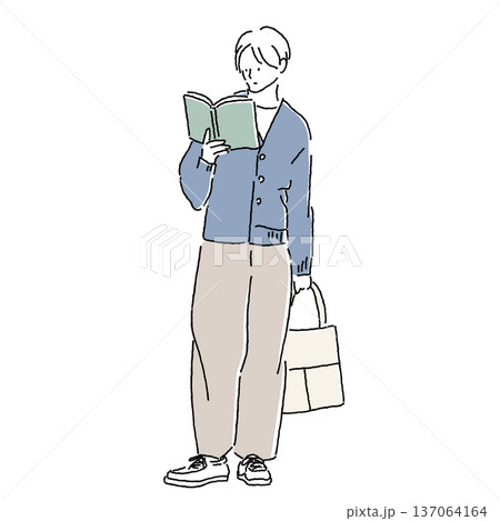 本を読みながらトートバッグを持つ男性のカジュアルファッションイラスト 本を読みながらトートバッグを持つ男性のカジュアルファッションイラスト 137064164