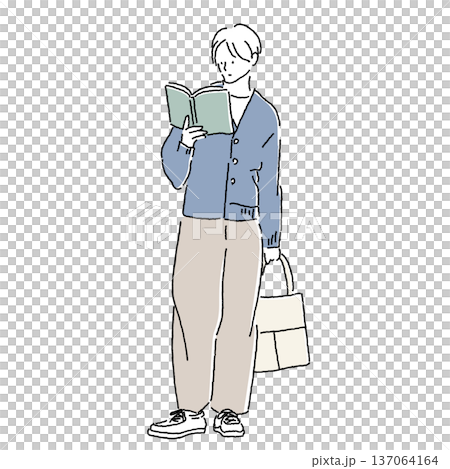 本を読みながらトートバッグを持つ男性のカジュアルファッションイラスト 本を読みながらトートバッグを持つ男性のカジュアルファッションイラスト 137064164