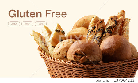 Delicious gluten free bread and baked goods in a wicker basket for happy Easter celebration Delicious gluten free bread and baked goods in a wicker basket for happy Easter celebration 137064213
