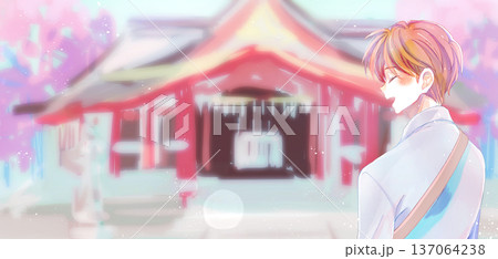 笑顔の男性とアバウトな神社の背景 春 笑顔の男性とアバウトな神社の背景 春 137064238