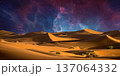 night landscape with desert dunes, starry sky and milky way in desert, abstract background. 137064332
