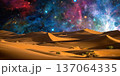 night landscape with desert dunes, starry sky and milky way in desert, abstract background. 137064335