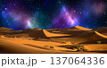 night landscape with desert dunes, starry sky and milky way in desert, abstract background. 137064336