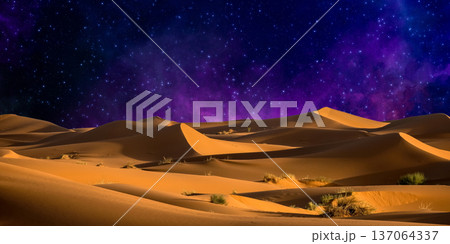 night landscape with desert dunes, starry sky and milky way in desert, abstract background. night landscape with desert dunes, starry sky and milky way in desert, abstract background. 137064337