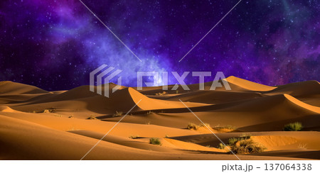 night landscape with desert dunes, starry sky and milky way in desert, abstract background. 137064338