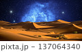 night landscape with desert dunes, starry sky and milky way in desert, abstract background. 137064340