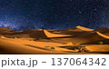 night landscape with desert dunes, starry sky and milky way in desert, abstract background. 137064342