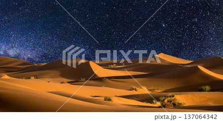 night landscape with desert dunes, starry sky and milky way in desert, abstract background. night landscape with desert dunes, starry sky and milky way in desert, abstract background. 137064342