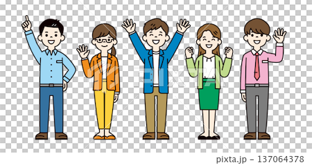 一組多位面帶微笑的年輕商務人士在辦公室或公司工作的全身向量插圖。 137064378