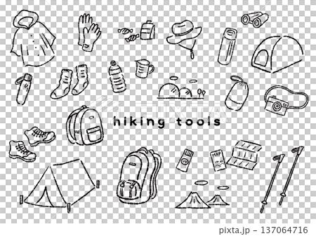 Set of monochrome line drawings of hiking equipment Set of monochrome line drawings of hiking equipment 137064716
