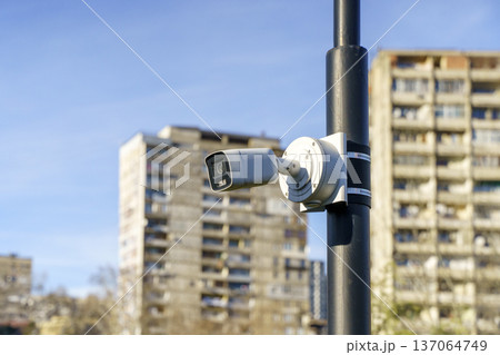 Surveillance Camera on Street Pole for Urban Security and Monitoring 137064749