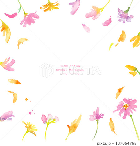 水彩画。水彩タッチの春のピンクと黄色の花イラスト。水彩のベクター植物フレーム。 水彩画。水彩タッチの春のピンクと黄色の花イラスト。水彩のベクター植物フレーム。 137064768