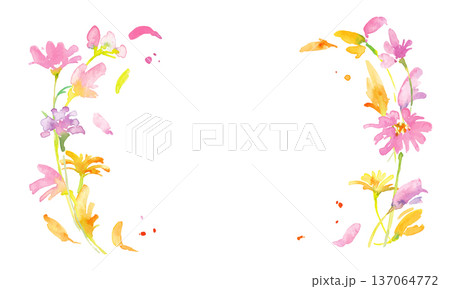 水彩画。水彩タッチの春のピンクと黄色の花イラスト。水彩のベクター植物フレーム。 水彩画。水彩タッチの春のピンクと黄色の花イラスト。水彩のベクター植物フレーム。 137064772