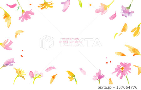 水彩画。水彩タッチの春のピンクと黄色の花イラスト。水彩のベクター植物フレーム。 水彩画。水彩タッチの春のピンクと黄色の花イラスト。水彩のベクター植物フレーム。 137064776