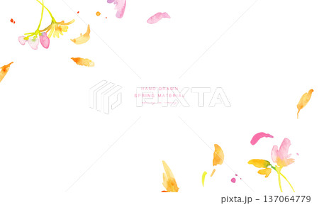 水彩画。水彩タッチの春のピンクと黄色の花イラスト。水彩のベクター植物フレーム。 137064779
