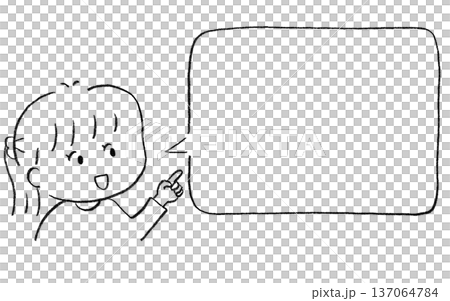 女孩用手指著方向，橫向對話框手繪線條插圖 137064784