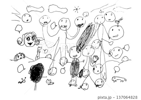 人物や動物、顔、太陽、雲、UFOが賑やかに混ざり合う様子をモノクロで描いた手描きの線画イラスト素材 人物や動物、顔、太陽、雲、UFOが賑やかに混ざり合う様子をモノクロで描いた手描きの線画イラスト素材 137064828