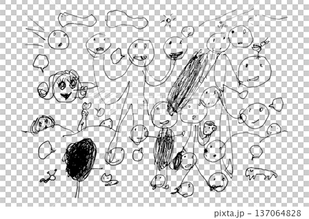 人物や動物、顔、太陽、雲、UFOが賑やかに混ざり合う様子をモノクロで描いた手描きの線画イラスト素材 人物や動物、顔、太陽、雲、UFOが賑やかに混ざり合う様子をモノクロで描いた手描きの線画イラスト素材 137064828
