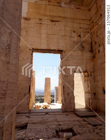 Ancient Acropolis Stone Doorway View in Athens Greece 137064913