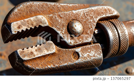 Close-Up of Rusty Heavy-Duty Steel Pipe Wrench Jaws with Textured Oxidation 137065297