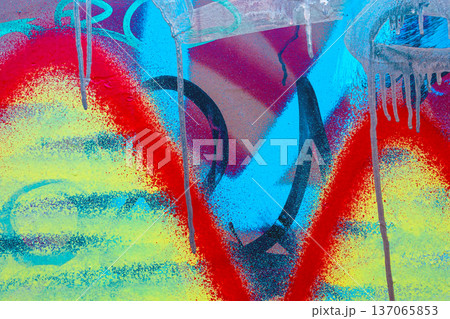 Colorful Urban Graffiti Wall Featuring Abstract Shapes and Dripping Paint, Inspired by 90s and Y2K Street Art 137065853