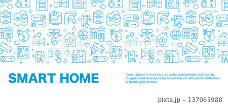 Banner and Background Smart Home Linear Seamless Pattern with Automation and Security, House Icons, Outline Technology in a Vector Design Banner and Background Smart Home Linear Seamless Pattern with Automation and Security, House Icons, Outline Technology in a Vector Design 137065988